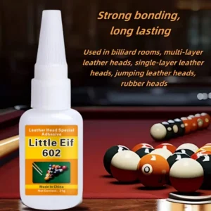 Professional KineShineX fast-drying cyanoacrylate adhesive with precision nozzle for bonding leather billiard cue tips.