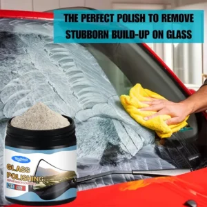 KineShineX professional glass polishing powder in a container with applicator sponge for removing scratches and restoring clarity