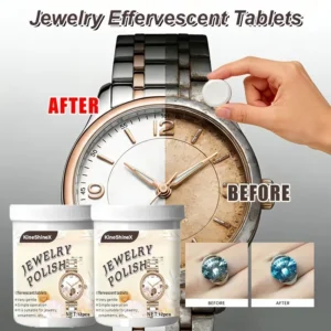 KineShineX effervescent tablets for gentle cleaning and polishing of jewelry, watches, rings, and chains to restore shine.