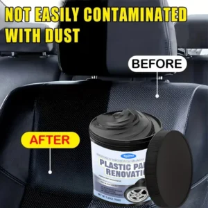 KineShineX Plastic Repair Wax for car tires and plastic trim, showing before and after scratch removal results