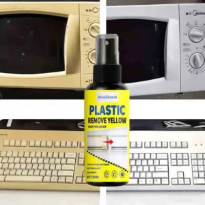 KineShineX Plastic Yellowing Remover spray bottle and sponge for restoring yellowed AC panels and plastic surfaces to white