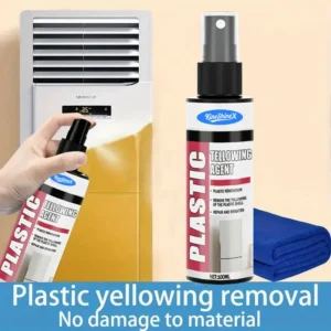 KineShineX plastic yellowing remover kit for air conditioners, refrigerators, and plastic surfaces with sponge and towel