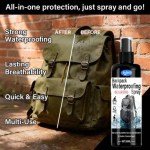 KineShineX 100ml waterproof spray for backpacks, raincoats, and outdoor gear providing all-weather protection.